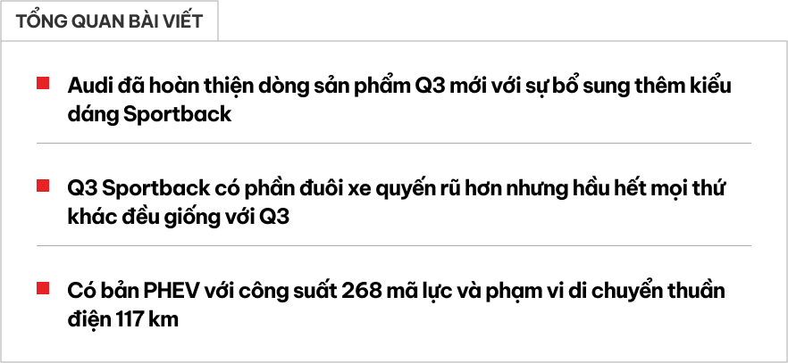 Audi Q3 Sportback 2026 ra mắt: Màn lớn hơn, mạnh tới 268 mã lực, có bản chạy được 117km không cần xăng- Ảnh 1. Audi Q3 Sportback 2026 ra mắt: Màn lớn hơn, mạnh tới 268 mã lực, có bản chạy được 117km không cần xăng- Ảnh 1.
