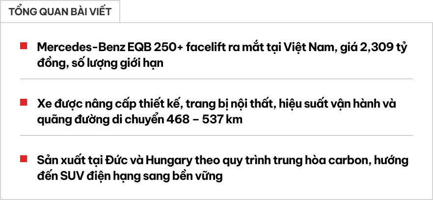 Mercedes-Benz EQB 250+ bản nâng cấp ra mắt tại Việt Nam: Giá từ 2,3 tỷ đồng, có thể chạy từ Hà Nội đến Huế chỉ trong 1 lần sạc- Ảnh 1.