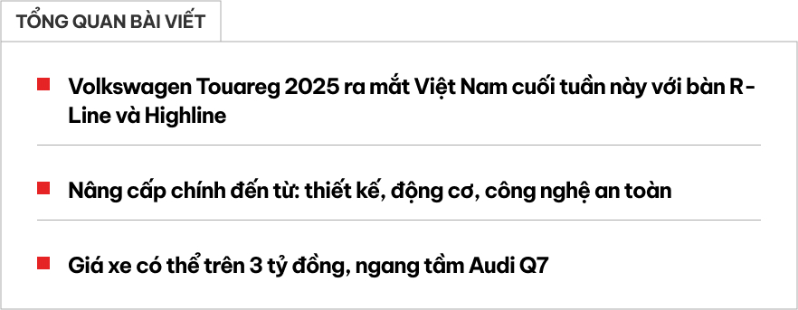 Đại lý hé lộ VW Touareg 2025 sắp ra mắt Việt Nam sẽ có 2 bản với phong cách khác nhau, máy mạnh hơn, thêm ADAS đấu RX, Q7- Ảnh 1. Đại lý hé lộ VW Touareg 2025 sắp ra mắt Việt Nam sẽ có 2 bản với phong cách khác nhau, máy mạnh hơn, thêm ADAS đấu RX, Q7- Ảnh 1.