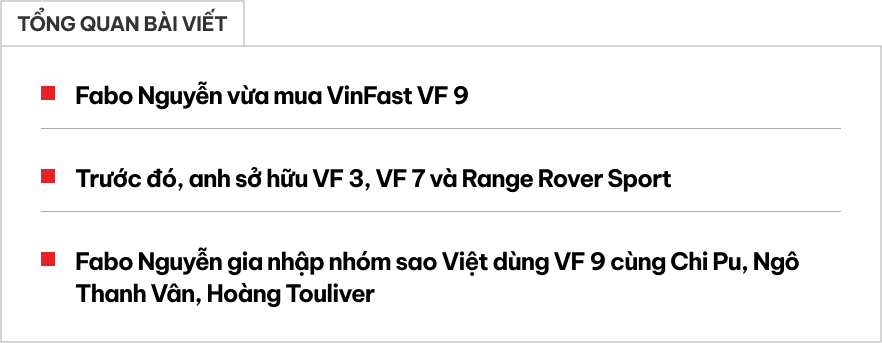 Có Range Rover rồi vẫn sắm thêm VinFast VF 9, Fabo Nguyễn nay có bộ sưu tập 3 chiếc xe của thương hiệu Việt- Ảnh 1.