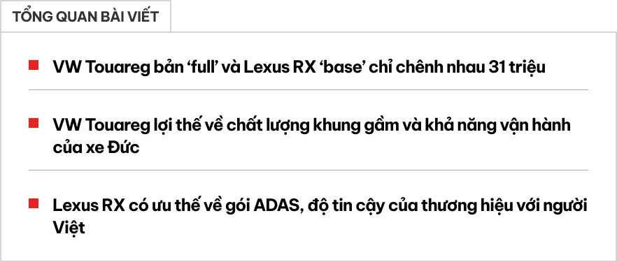 Chênh 31 triệu đồng, chọn VW Touareg 'full' hay Lexus RX 'base': Bảng so sánh dưới đây chỉ ra mọi khác biệt giữa hai xe- Ảnh 1.