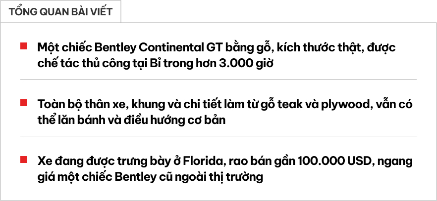 Chiếc Bentley gỗ này có giá quy đổi 2,6 tỷ đồng ngang xe thật: Tốn 3.000 giờ hoàn thiện, báo Tây so sánh giống với hàng Việt- Ảnh 1. Chiếc Bentley gỗ này có giá quy đổi 2,6 tỷ đồng ngang xe thật: Tốn 3.000 giờ hoàn thiện, báo Tây so sánh giống với hàng Việt- Ảnh 1.