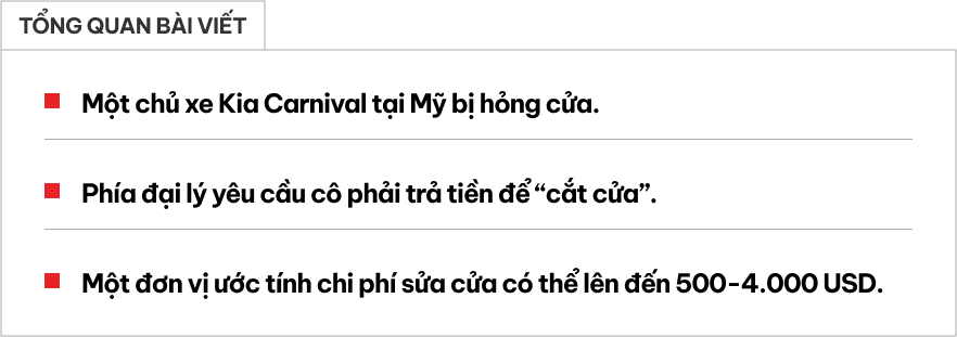 Kia Carnival vừa mua cửa đã không mở được: Chủ xe bị đại lý yêu cầu trả tiền để 'cắt cửa'- Ảnh 1.