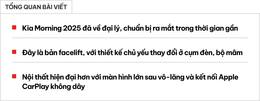 Kia Morning 2025 về đại lý trước khi ra mắt: Đèn LED như Carnival, cụm màn hình lớn, CarPlay không dây, 'phả hơi nóng' lên Wigo, i10- Ảnh 1. Kia Morning 2025 về đại lý trước khi ra mắt: Đèn LED như Carnival, cụm màn hình lớn, CarPlay không dây, 'phả hơi nóng' lên Wigo, i10- Ảnh 1.