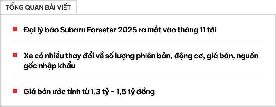 Đại lý báo Subaru Forester 2025 ra mắt Việt Nam ngay tháng 11: Động cơ mới, nhập Nhật, giá cao nhất 1,5 tỷ- Ảnh 1.