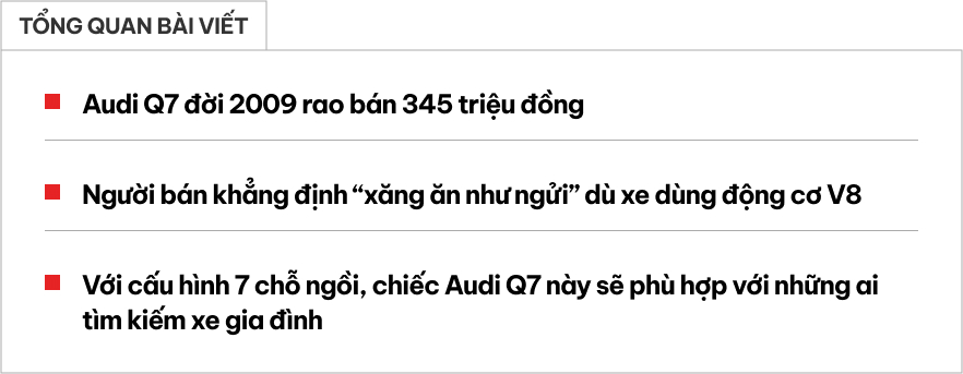 Rao Audi Q7 2009 giá 345 triệu đồng, người bán chia sẻ: Máy V8 4.2L nhưng 'ăn xăng như ngửi'- Ảnh 1. Rao Audi Q7 2009 giá 345 triệu đồng, người bán chia sẻ: Máy V8 4.2L nhưng 'ăn xăng như ngửi'- Ảnh 1.