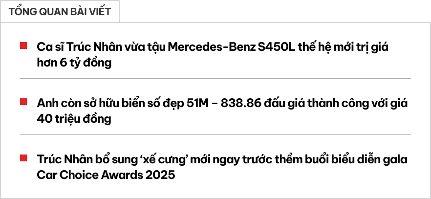 Ca sĩ Trúc Nhân tậu Mercedes-Benz S 450L trước thềm biểu diễn tại BCA 2025, nhập hội cùng Bích Phương, Hoà Minzy- Ảnh 1. Ca sĩ Trúc Nhân tậu Mercedes-Benz S 450L trước thềm biểu diễn tại BCA 2025, nhập hội cùng Bích Phương, Hoà Minzy- Ảnh 1.