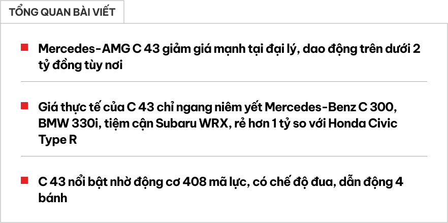Mercedes-AMG C 43 giảm giá kỷ lục còn dưới 2 tỷ đồng tại đại lý: Máy khủng nhưng 'rẻ' ngang bản thường, gián tiếp làm khó Civic Type R- Ảnh 1.