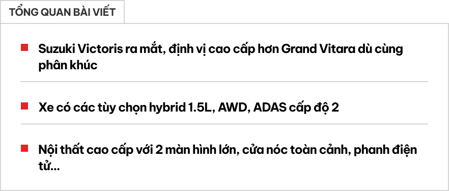 Suzuki Victoris ra mắt: Nhiều ‘đồ chơi’ xịn bên trong, động cơ hybrid, AWD, có ADAS cấp 2, về Việt Nam thì Xforce phải dè chừng- Ảnh 1. Suzuki Victoris ra mắt: Nhiều ‘đồ chơi’ xịn bên trong, động cơ hybrid, AWD, có ADAS cấp 2, về Việt Nam thì Xforce phải dè chừng- Ảnh 1.