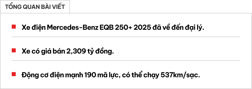 Cận cảnh Mercedes-Benz EQB 250+ 2025 tại đại lý: Giá hơn 2,3 tỷ đồng, động cơ điện mạnh 190 mã lực, chạy Hà Nội - Mộc Châu khứ hồi không cần sạc- Ảnh 1. Cận cảnh Mercedes-Benz EQB 250+ 2025 tại đại lý: Giá hơn 2,3 tỷ đồng, động cơ điện mạnh 190 mã lực, chạy Hà Nội - Mộc Châu khứ hồi không cần sạc- Ảnh 1.