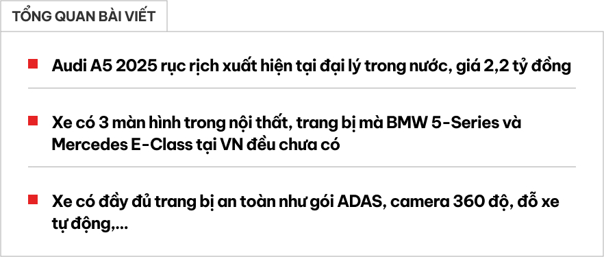 Chi tiết Audi A5 Sportback 2025 tại đại lý: Giá gần 2,2 tỷ đồng, rẻ hơn BMW 5-Series nhưng có đủ ADAS, 3 màn hình- Ảnh 1. Chi tiết Audi A5 Sportback 2025 tại đại lý: Giá gần 2,2 tỷ đồng, rẻ hơn BMW 5-Series nhưng có đủ ADAS, 3 màn hình- Ảnh 1.