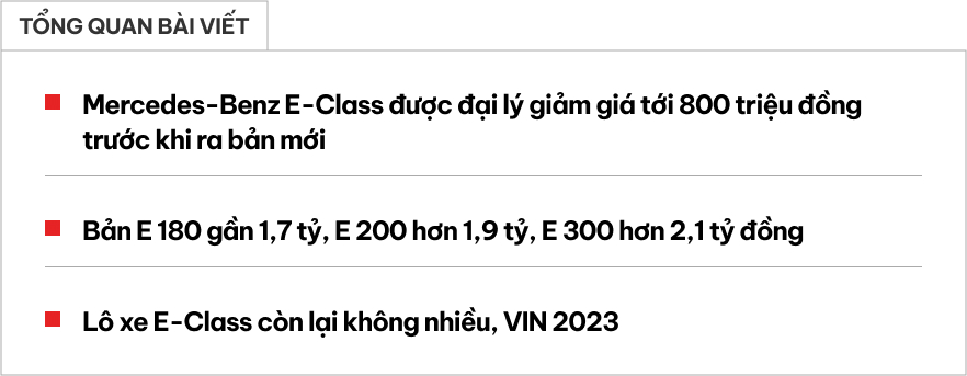 Mercedes-Benz E-Class giảm giá mạnh tại đại lý 'dọn đường' cho đời mới ra mắt tháng sau: Giảm nhiều nhất 800 triệu đồng, bản 'base' tiệm cận Camry- Ảnh 1.
