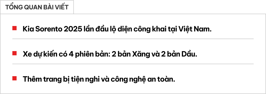 Kia Sorento 2025 lộ diện tại Việt Nam: Dự kiến ra mắt ngay tháng này, 4 phiên bản, thêm nhiều ‘option’, có chi tiết như Carnival- Ảnh 1. Kia Sorento 2025 lộ diện tại Việt Nam: Dự kiến ra mắt ngay tháng này, 4 phiên bản, thêm nhiều ‘option’, có chi tiết như Carnival- Ảnh 1.