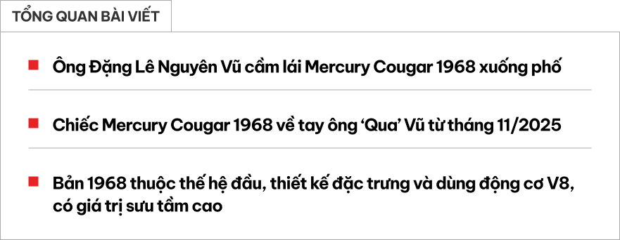 &Ocirc;ng Đặng L&ecirc; Nguy&ecirc;n Vũ cầm l&aacute;i &lsquo;h&agrave;ng hiếm&rsquo; Mercury Cougar 1968 xuống phố: Gần 60 năm tuổi vẫn chạy bốc, mảnh gh&eacute;p mới trong bộ sưu tập 4.000 tỷ đồng- Ảnh 1.