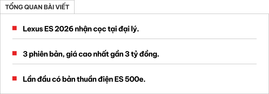 Lexus ES 2026 nhận cọc tại đại l&yacute;: Gi&aacute; dự kiến từ hơn 2,3 tỷ đồng, lần đầu c&oacute; bản điện, bản &lsquo;base&rsquo; đ&atilde; c&oacute; hybrid đấu E-Class, 5 Series- Ảnh 1.