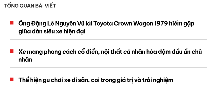 &Ocirc;ng Đặng L&ecirc; Nguy&ecirc;n Vũ đem Toyota Crown Wagon h&agrave;ng hiếm l&ecirc;n phố: Vỏ 40 năm vẫn b&oacute;ng lo&aacute;ng nhưng m&agrave;u nội thất mới đặc biệt g&acirc;y ch&uacute; &yacute;- Ảnh 1.