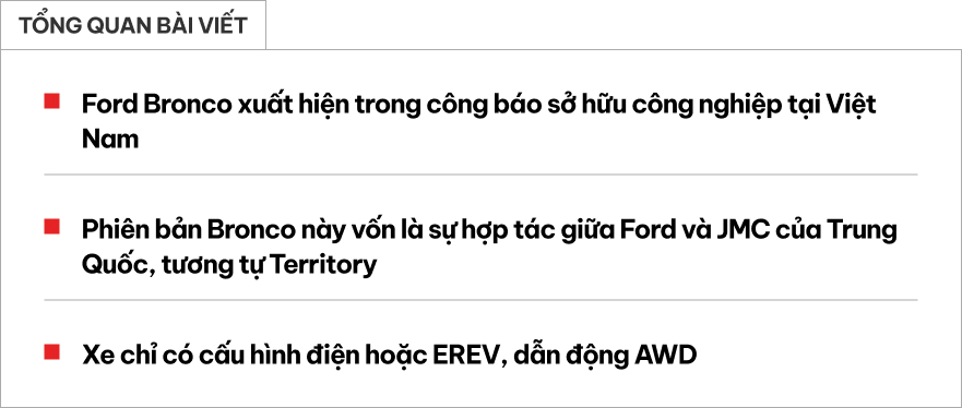Ford Bronco được đăng k&yacute; tại Việt Nam: C&ugrave;ng cỡ Everest, chung 'gốc' với Territory, pin bản điện đủ chạy H&agrave; Nội - Huế, c&oacute; t&ugrave;y chọn EREV đấu Prado- Ảnh 1.