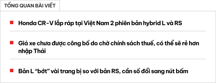 Honda CR-V hybrid 2026 lắp ráp ra mắt Việt Nam: Giá 'chờ thuế' có thể rẻ hơn, bỏ cần số truyền thống, thêm bản thấp hơn cạnh tranh CX-5- Ảnh 1. Honda CR-V hybrid 2026 lắp ráp ra mắt Việt Nam: Giá 'chờ thuế' có thể rẻ hơn, bỏ cần số truyền thống, thêm bản thấp hơn cạnh tranh CX-5- Ảnh 1.