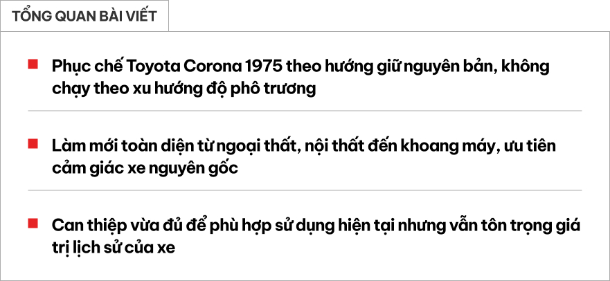 Dân chơi TP.HCM làm mới Toyota Corona 1975 theo cách 'khó nhất': Không độ chế cầu kỳ nhưng mất nhiều thời gian, lựa đúng đồ cũng không đơn giản- Ảnh 1. Dân chơi TP.HCM làm mới Toyota Corona 1975 theo cách 'khó nhất': Không độ chế cầu kỳ nhưng mất nhiều thời gian, lựa đúng đồ cũng không đơn giản- Ảnh 1.