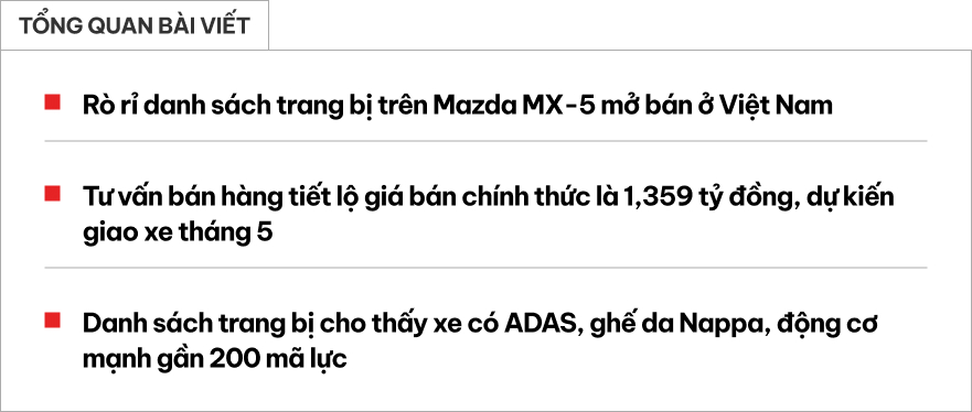 Lộ chi tiết trang bị Mazda MX-5 2026 tại Việt Nam: Hai phi&ecirc;n bản, c&oacute; ADAS, động cơ mạnh gần 200 m&atilde; lực- Ảnh 1.