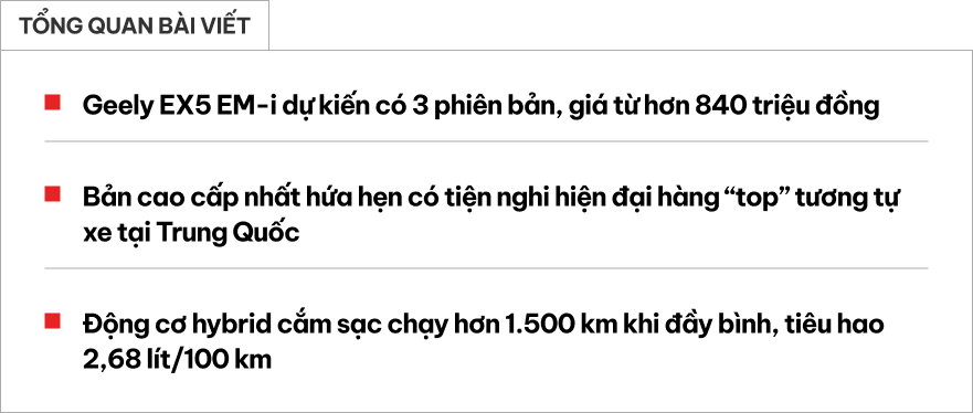 Geely EX5 EM-i - PHEV ngang cỡ CR-V c&oacute; gi&aacute; dự kiến từ hơn 840 triệu đồng cho 3 bản tại Việt Nam: Trang bị xịn, ăn xăng ngang xe m&aacute;y- Ảnh 1.
