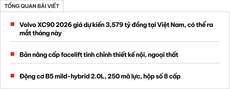 Volvo XC90 2026 dự kiến 3,579 tỷ đồng tại Việt Nam: Rẻ hơn bản cũ nửa tỷ nhưng đánh đổi động cơ, sắp ra mắt cạnh tranh X5, Q7- Ảnh 1. Volvo XC90 2026 dự kiến 3,579 tỷ đồng tại Việt Nam: Rẻ hơn bản cũ nửa tỷ nhưng đánh đổi động cơ, sắp ra mắt cạnh tranh X5, Q7- Ảnh 1.