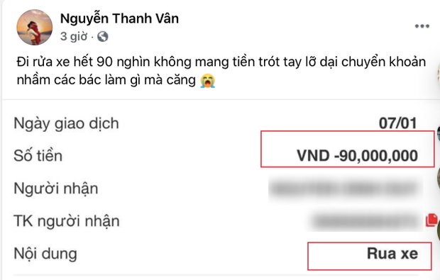 Vân Hugo gặp chuyện dở khóc dở cười: Chuyển nóng 90 triệu phí... rửa xe, gấp 100 lần bình thường, cả dàn sao Vbiz ngỡ ngàng - Ảnh 1.