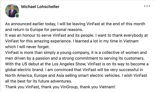 Cựu Tổng giám đốc VinFast toàn cầu nói gì sau quyết định rời vị trí? - Ảnh 2.