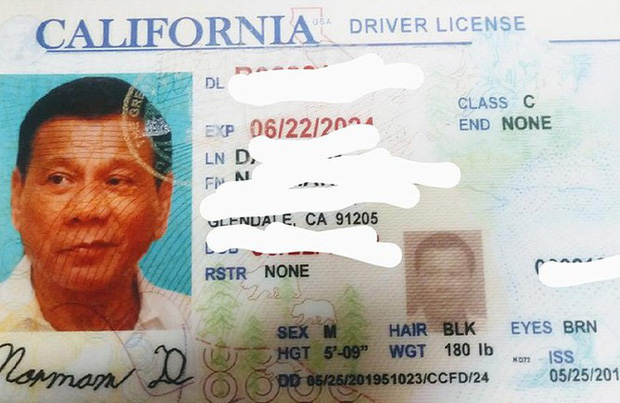 Mỹ: Tài xế dùng ảnh Tổng thống Philippines làm bằng lái xe giả - Ảnh 1.