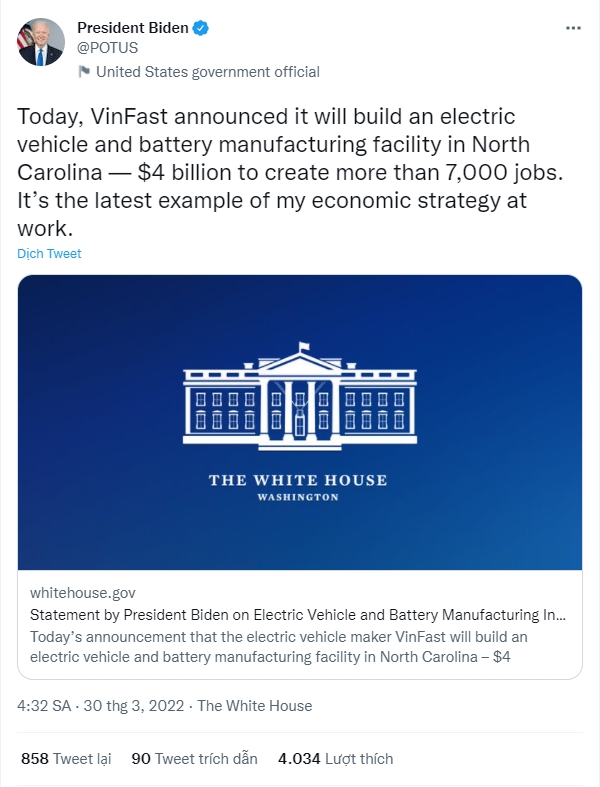 President Joe Biden personally announced that VinFast poured $4 billion to build an electric car factory in the US - Photo 1.