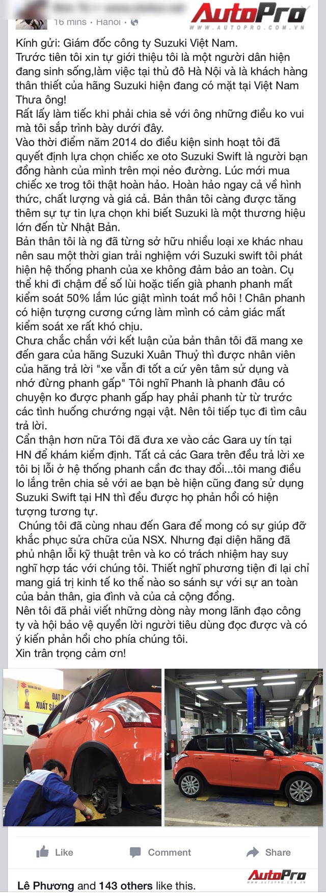 
Phản ánh của người dùng Việt Nam về hiện tượng cứng chân phanh trên Suzuki Swift.
