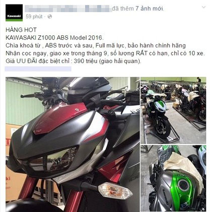 Một đại lý của Kawasaki Việt Nam nhận đặt cọc lô hàng 10 chiếc Z1000 2016 với giá hải quan 390 triệu đồng. Ảnh: chụp màn hình.