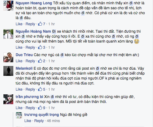 Tranh cãi về việc đi nhờ xe là tốt hay xấu. Ảnh chụp màn hình: Facebook