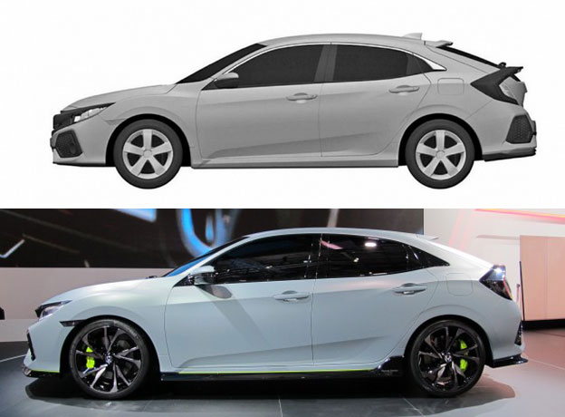 
Sườn xe của Honda Civic Hatchback 2017 phiên bản thương mại (bên trên) và concept.

