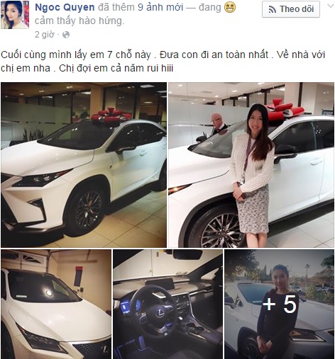 
Ngọc Quyên khoe ảnh xe mới trên Facebook cá nhân.
