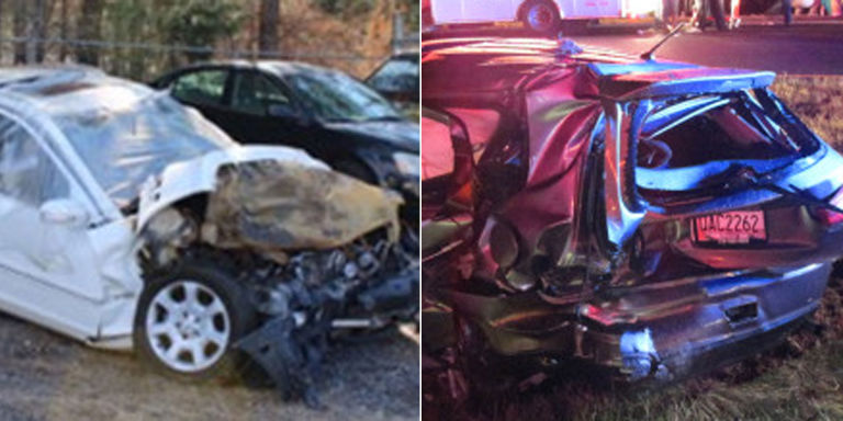 
Hai chiếc xe trong vụ tai nạn ở tốc độ cao. Bên trái là chiếc Mercedes-Benz của bố McGee.
