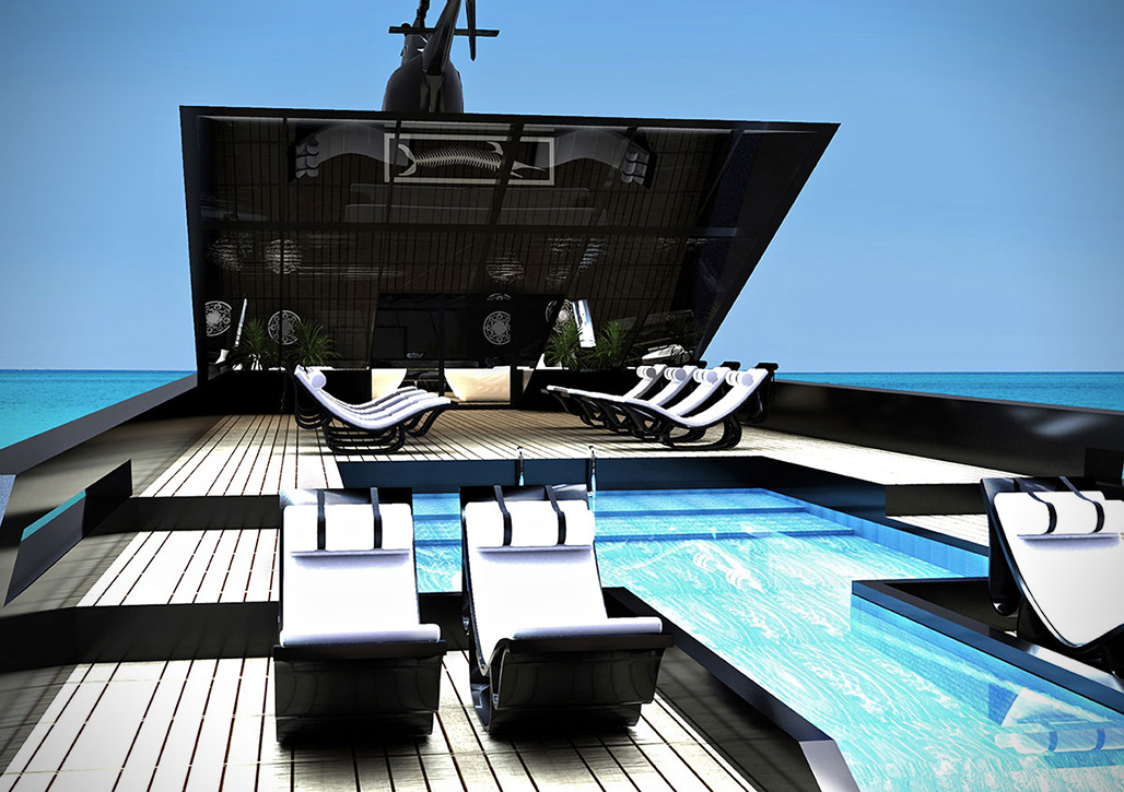 
Bể bơi ngoài trời trên boong tàu Black Swan.

