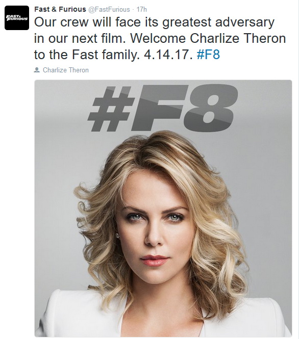 
Đoàn làm phim Fast & Furious thông báo Charlize Theron sẽ góp mặt trong phần 8 trên Twitter.
