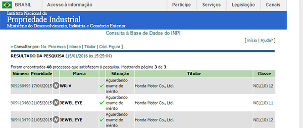 
Tài liệu đăng ký bản quyền thương hiệu WR-V tại Brazil của Honda.

