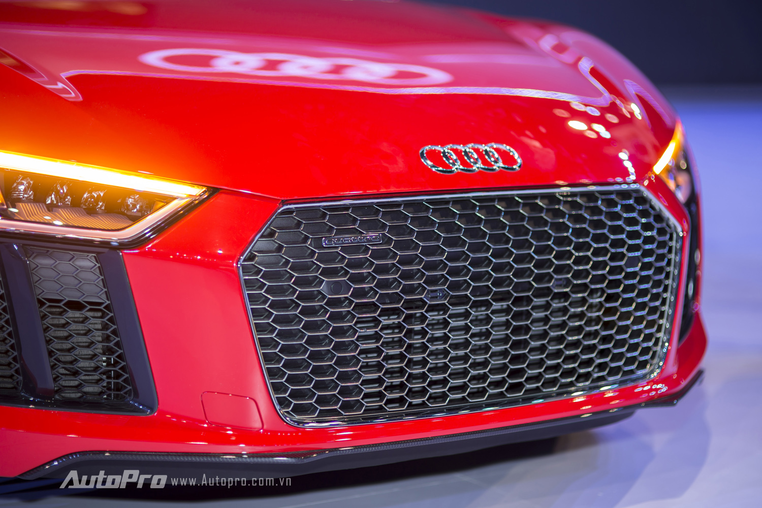 
Lưới tản nhiệt cỡ lớn dạng mắt cáo ngay phía trước đầu xe Audi R8 V10 Plus.
