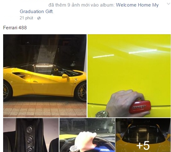 
Em trai Phan Thành chia sẻ món quà tốt nghiệp mình nhận được là một siêu xe Ferrari 488 GTB màu vàng. Ảnh chụp từ màn hình.
