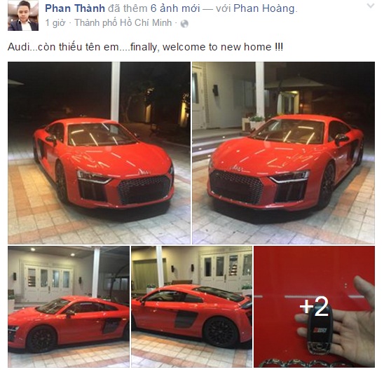 Phan Thành chia sẻ hình ảnh siêu xe Audi R8 V10 Plus lên trang cá nhân của mình. Ảnh chụp từ màn hình.