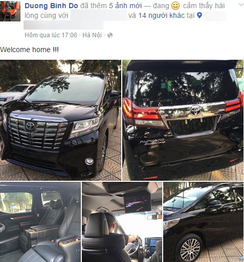 
Chồng siêu mẫu Ngọc Thạch khoe ảnh Toyota Alphard mới mua trên Facebook.

