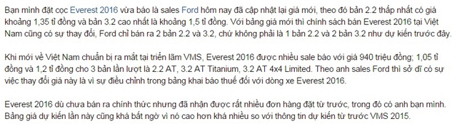 Thông tin về giá bán mới của Ford Everest thế hệ mới xuất hiện trên diễn đàn.