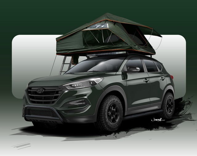 
Hyundai Tucson Adventuremobile với lều trên nóc xe.
