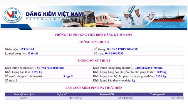 
Kết quả tra cứu biển số 35N-6789 trên trang Cục Đăng kiểm Việt Nam.
