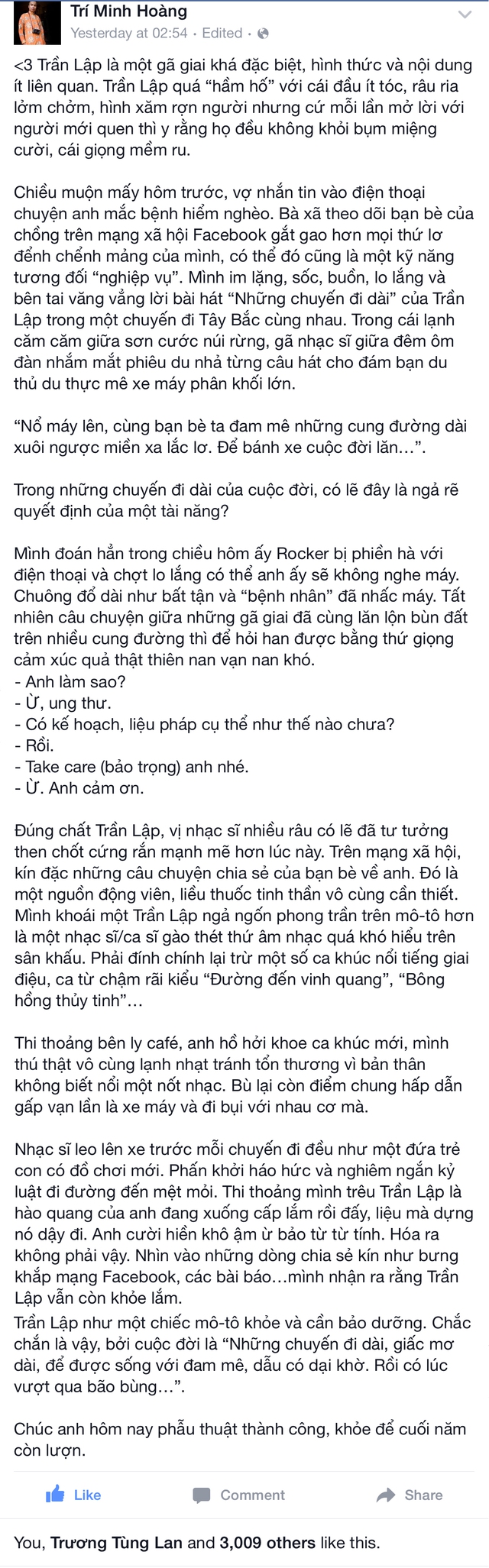 
Đoạn chia sẻ của blogger Cu Trí với người anh có cùng đam mê về xe - Ca sĩ Trần Lập.
