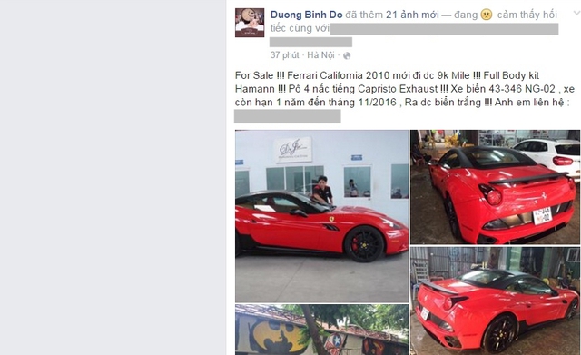 
Mới đây, trên trang Facebook cá nhân, thiếu gia Hà thành Đỗ Bình Dương với biệt danh Dương Kon đã thu hút nhiều sự chú ý khi rao bán siêu ngựa Ferrari độc nhất tại thị trường Việt Nam.
