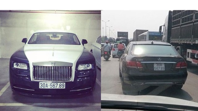 Rolls-Royce Wraith cùng Mercedes E400 mang biển khủng 56789. Trong đó biển thật thuộc về chiếc xe siêu sang Rolls-Royce.