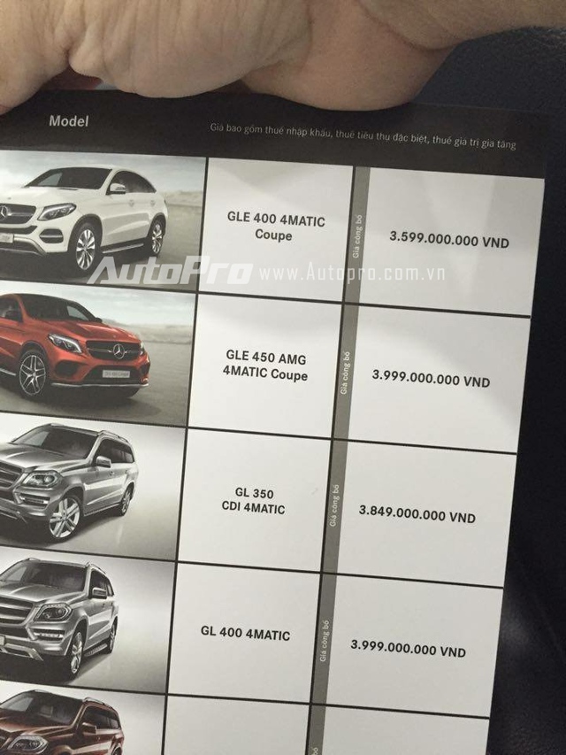 
Bảng giá của Mercedes-Benz GLE Coupe tại Việt Nam.
